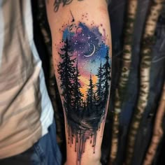 Atmosphere Tattoo Master Kit Forest Space Tattoo, Pretty Calf Tattoos For Women, Ethereal Nature Tattoos, Watercolor Forest Tattoo, Celestial Nature Tattoo, North Woods Tattoo, Nature Forearm Tattoo Women, Womens Mountain Tattoo, Northwoods Tattoo