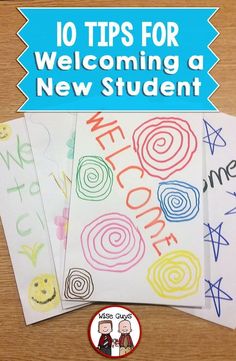 four welcome signs with the words welcome on them, and two pictures of children's faces