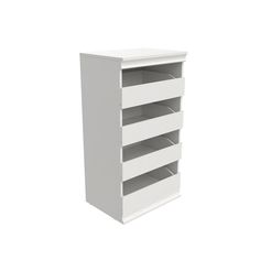 a white shelf with four shelves on each side and one drawer in the other end