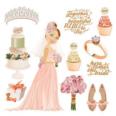 a bride in her wedding dress surrounded by bridal items, including shoes, cake and bouquet