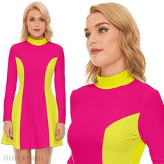 Step into the vibrant world of retro fashion with our Neon Pink and Neon Yellow Mod Dress, a stunning representation of 60s Dress Style. This Color Block GOGO Dress exudes the essence of the swinging 60s, featuring a bold and dynamic Neon Pink and Neon Yellow color combination. Crafted from luxurious 100% polyester velour material, this Retro Dress not only pays homage to the iconic era but also ensures a comfortable and stylish fit for the modern wearer. The turtle neckline and princess-style b Neon Pink Dresses, Yellow Color Combinations, 60s Fashion Dresses, 60s Mini Dress, Gogo Dress, Neon Dresses, Diy Clothes And Shoes, 60s Dress, Mod Dress