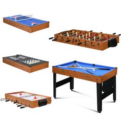 several different types of foosball tables in various positions, including one with a blue table top