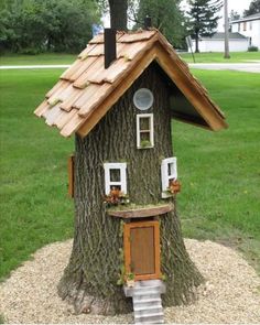 a tree house built into the side of a tree in a yard with grass and trees