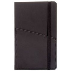 a black notebook with a pen in the front and an empty page on the back