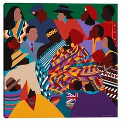 an abstract painting of many people in different colors and sizes, all with hats on their heads