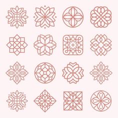 a set of nine ornamental designs in pink on a white background, each with different shapes and sizes