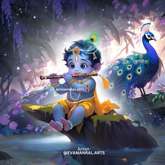 a painting of a baby sitting on a rock with a flute in his mouth and a peacock standing next to him