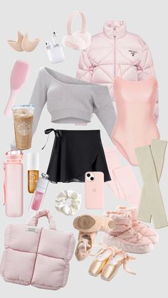 the contents of a pink and grey outfit including shoes, handbags, coffee cup, cell phone