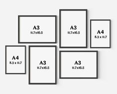 six black and white framed art prints with measurements for each piece in the same frame