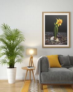 a living room with a couch, table and potted plant