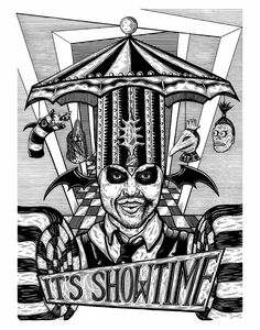 a black and white drawing of a clown holding a sign that says it's showtime