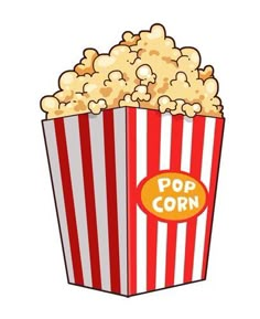 a red and white striped popcorn box with pop corn on it's side illustration