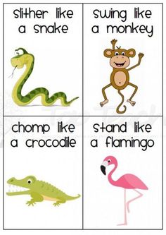 four cards with different types of animals and words that say like snakes, crocodiles, and