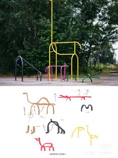 an outdoor play area with various colored swings and ladders in the park, including two children's playground sets