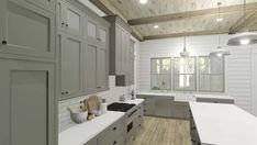 an artist's rendering of a kitchen with white cabinets and wood flooring in the background