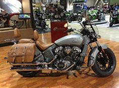 a motorcycle is on display in a showroom