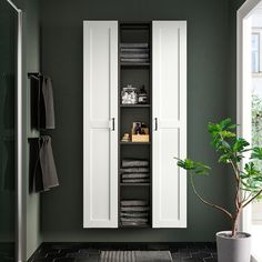 a bathroom with a white cabinet next to a potted plant