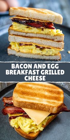 bacon and egg breakfast grilled cheese sandwich on a plate with the words, bacon and egg breakfast grilled cheese