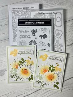 three cards with flowers on them and the words cheerful daisies written in black ink