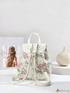 Bird in Bag - Sophisticated Ladies' Backpack with Floral Pattern Spring White Backpack For Daily Use, White Backpack For Daily Use In Spring, White Backpack With Zipper Closure For Spring, White Backpack For Spring, Spring Beige Backpack For Daily Use, Spring Softback Backpack With Adjustable Strap, White Spring Backpack With Adjustable Strap, Spring Backpack With Adjustable Strap And Softback, Spring Standard Backpack With Adjustable Strap