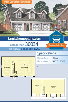 the garage plans for this home are available in three different colors and sizes, including two separate