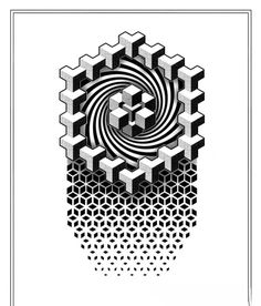 an abstract black and white design with hexagonal shapes in the center, on a white background