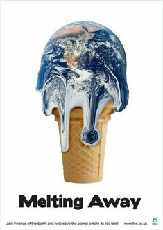 an ice cream cone with melting water on it and the earth in the middle of it