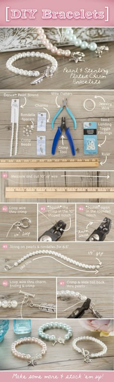 the instructions for how to make beaded bracelets with beads and scissors on a wooden table