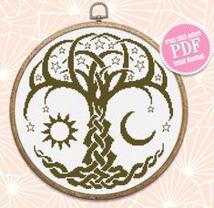 a cross stitch pattern on a wooden hoop with the words,'tree of life '