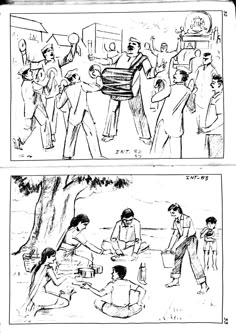 two black and white comics depicting people in the park, one with a picnic table