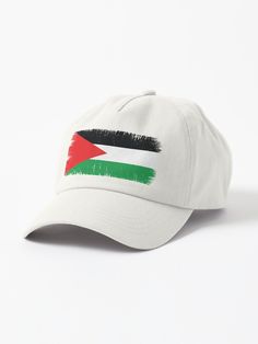 a white baseball cap with the flag of jordan painted on it's front side