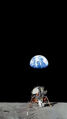 the earth as seen from the moon's far side, with an astronaut standing next to it