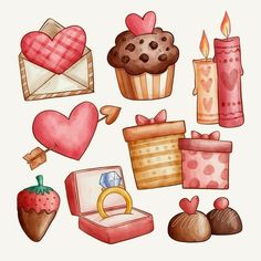 watercolor valentine's day clipart set with cupcakes, cake and other items