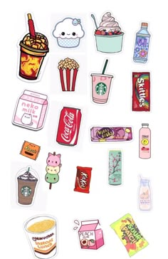 various stickers are arranged on a white surface, including drinks and snacks in them