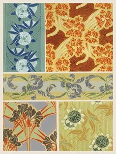 an image of four different designs on the same wallpaper pattern as well as flowers and leaves