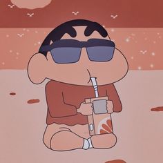 a cartoon character sitting on the ground with a drink in one hand and sunglasses on his head