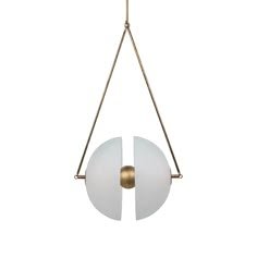 a white and gold hanging light with two circular glass shades on the bottom, suspended from a brass chain