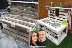 two photos, one with a bench made out of wooden pallets and the other with bowls on it