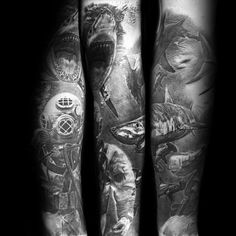 black and white photo of arm tattoos with shark, sharks and other marine creatures on them