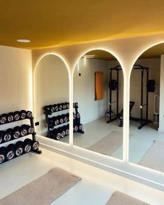 Windowless Home Gym, Personal Gym Design, Home Gym And Sauna, Girly Home Gym, Fitness Gym Interior Design, Home Gym Lighting, Gym With Sauna, Small Space Home Gym, In Home Gym