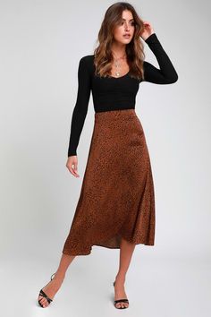 Brosnan Brown Satin Leopard Print Midi Skirt Versatile Fall Skirt With Lining, Versatile Long Skirt For Fall, Versatile Fall Lined Skirt, Versatile Flowy Skirt For Fall, Chic Mini Wrap Skirt For Fall, Brown Asymmetrical Skirt For Fall, Fall Brunch Lined Skirt, Trendy Skirt For Fall Brunch, Fall Skirt For Brunch