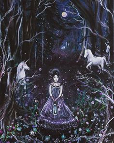 a painting of a woman surrounded by unicorns in the dark forest with trees and flowers