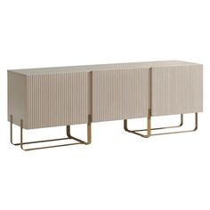 two white sideboards with metal legs and a striped design on the front, one in beige