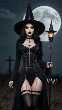 a woman dressed as a witch holding a broom