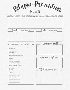 This is a relapse prevention plan for substance use. There are many relapse prevention plans out there, but creating this one for my clients was by far the best choice I have made. There are 5 pages. Substance Use Worksheets, Wellness Recovery Action Plan, Relapse Prevention Plan, Journal Topics, Relapse Prevention, Personal Journal, Health Psychology, Therapy Worksheets, Therapy Activities