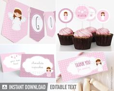 pink cupcakes and thank you cards with stickers on them for girls birthday party