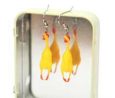 RUBBER CHICKEN EARRINGS: Superfun, Realistic, Cute and Totally Unique Plastic Earrings Weird Earring, Chicken Jewelry, Chicken Earrings, Weird Earrings, Rubber Chicken