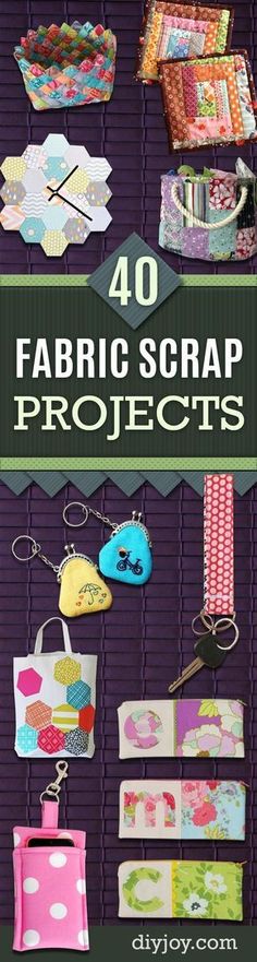 the cover of 40 fabric scrap projects, including purses and keychain holders