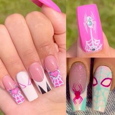 Gwen Stacy Nails Designs, Spider Gwen Nail Art, Gwen Spiderman Nails, Ghost Spider Nails, Gwen Stacy Nails, Spider Gwen Nails, Gwen Nails, Spidey Nails, Nail Designs Fall Gel