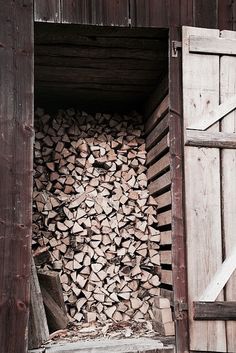 a pile of wood is in the back of a wooden shed with its door open